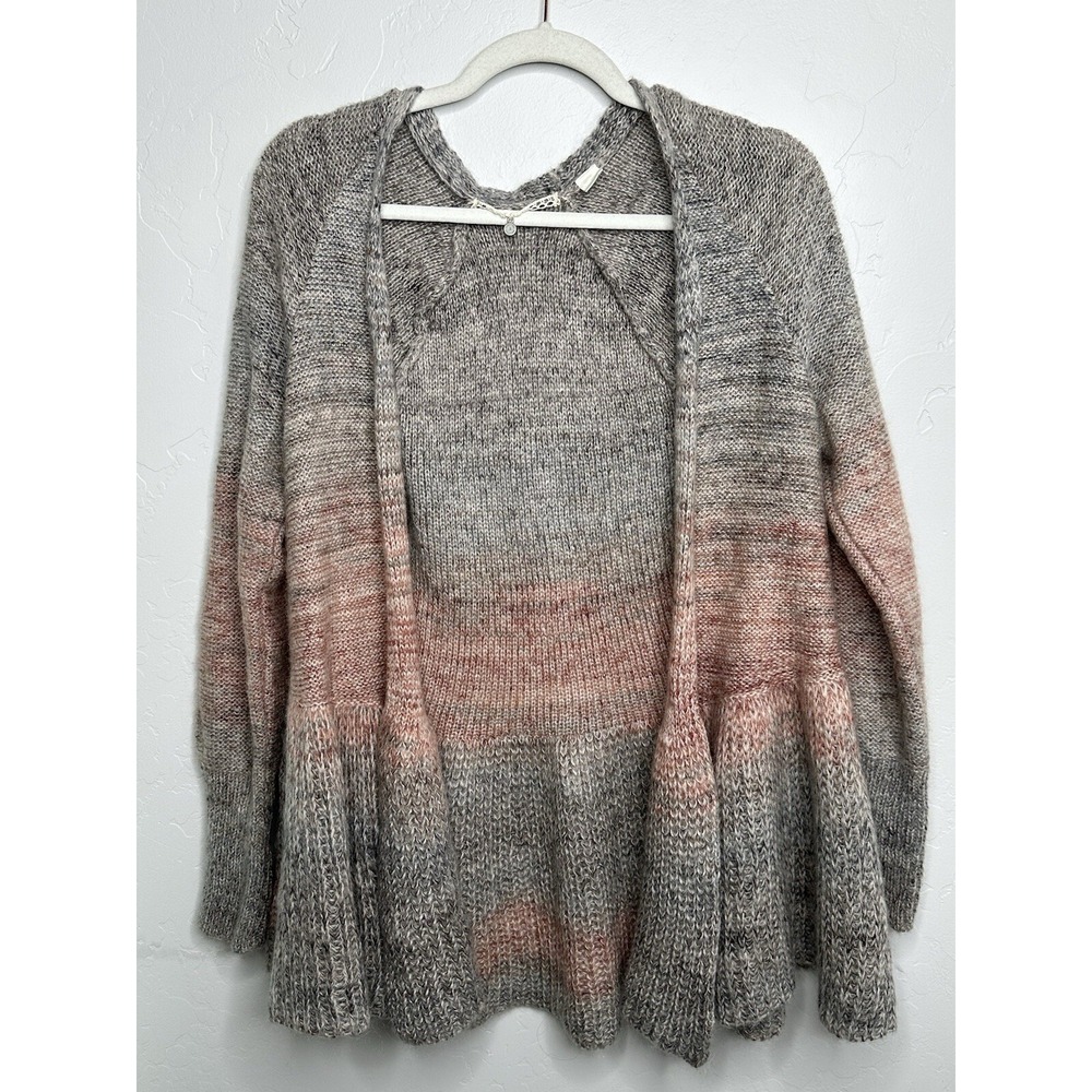 Anthropologie Knitted &‎ Knotted Cardigan Sweater Women's S Gray Pink Peplum